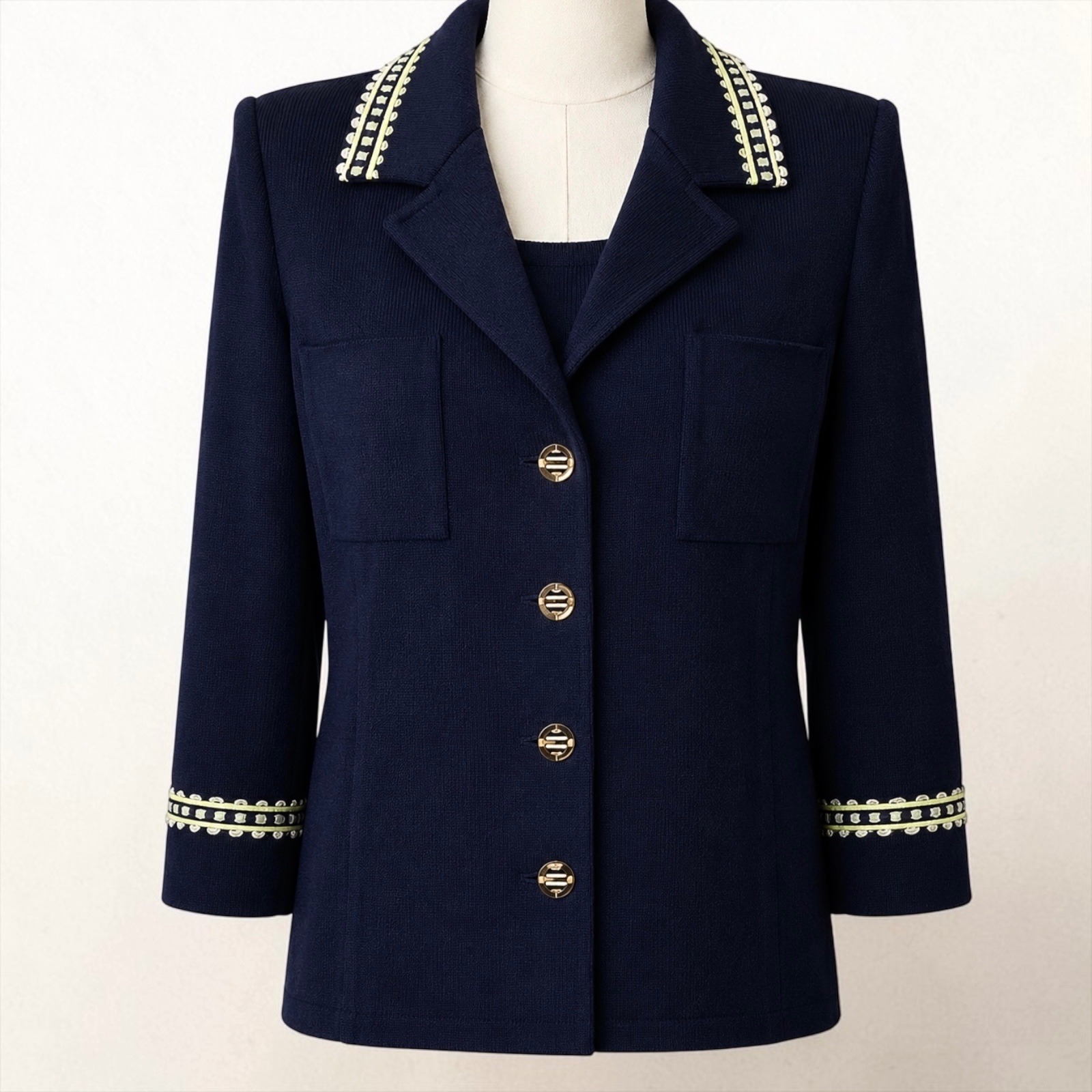 St John Sport 3pc Navy Knit Suit Jacket Pants Skirt Gold Buttons 12